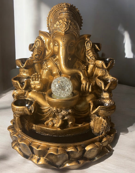 Brass style Ganesha water fountain with crystal ball