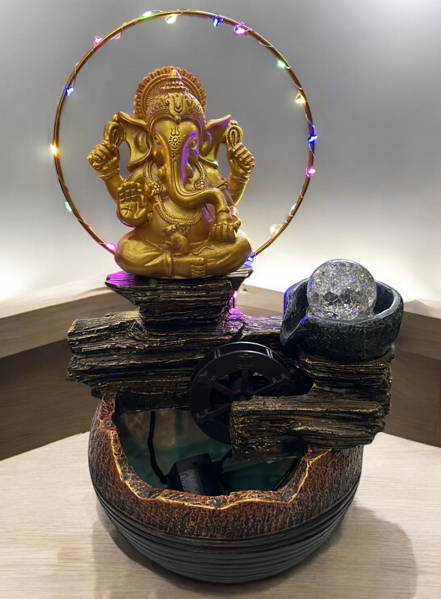 Coloured Ring Light Ganesha Water Fountain