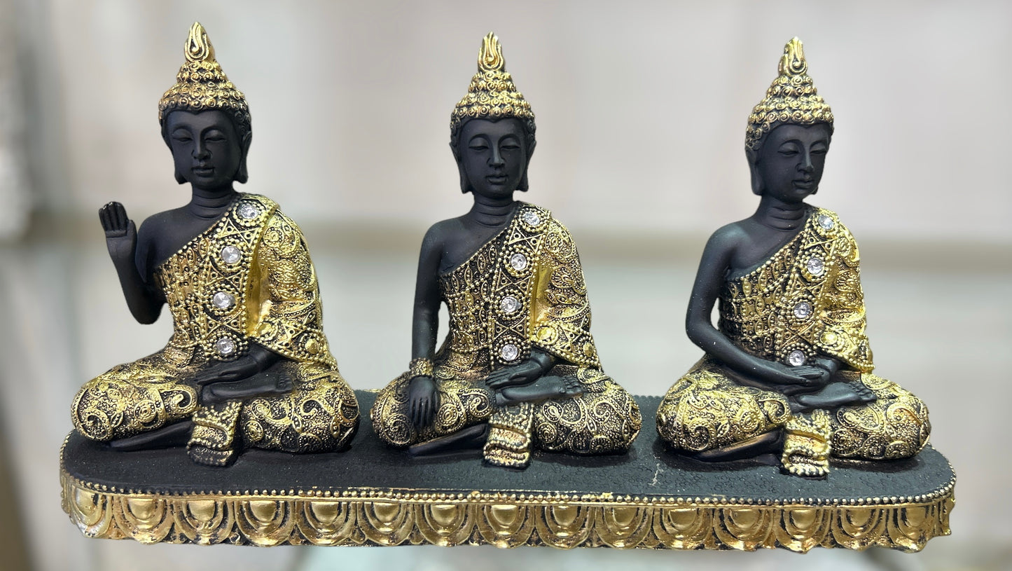 Handmade Resin Black Gold 3 Gautama Buddhas On stand