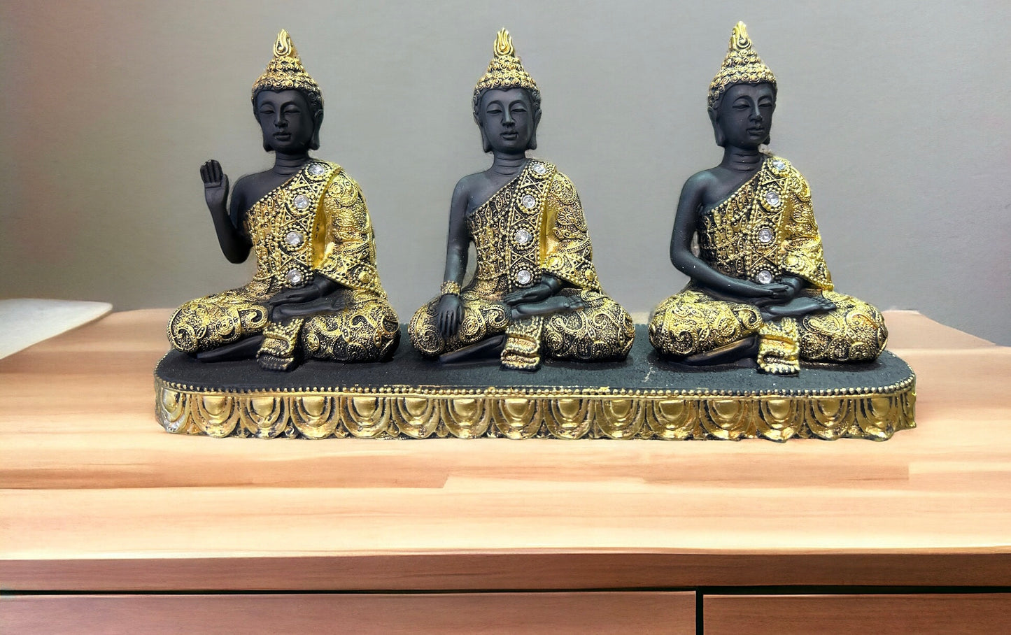 Handmade Resin Black Gold 3 Gautama Buddhas On stand