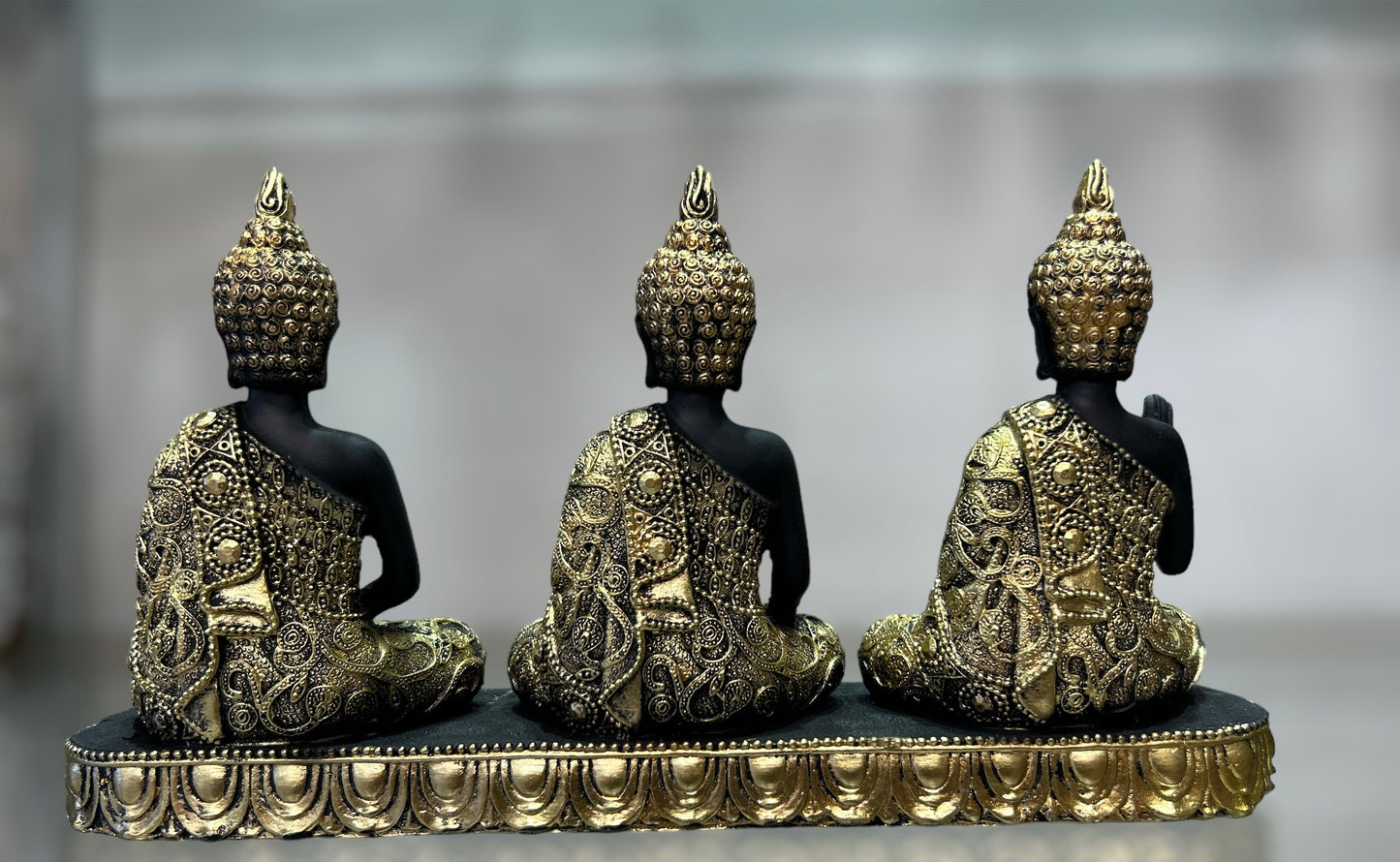 Handmade Resin Black Gold 3 Gautama Buddhas On stand