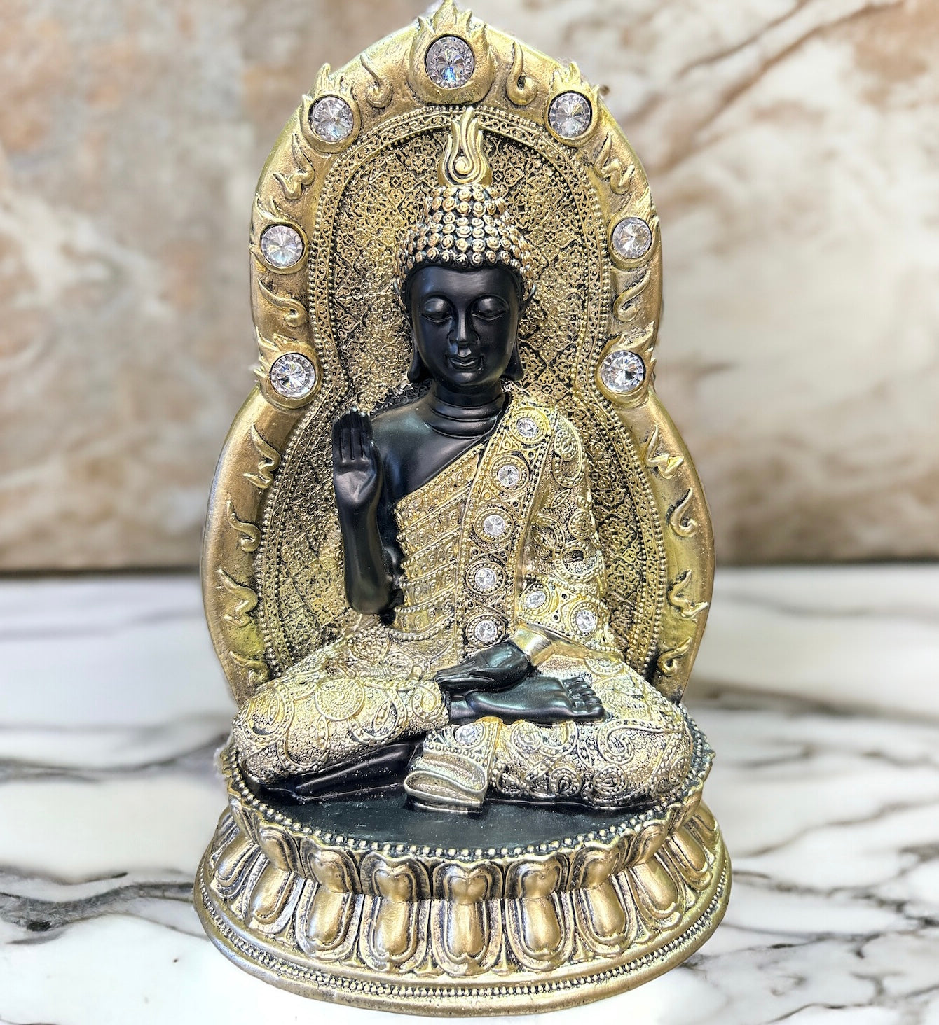 Beautiful Handmade Resin Black & Gold Gem Gautama Buddha