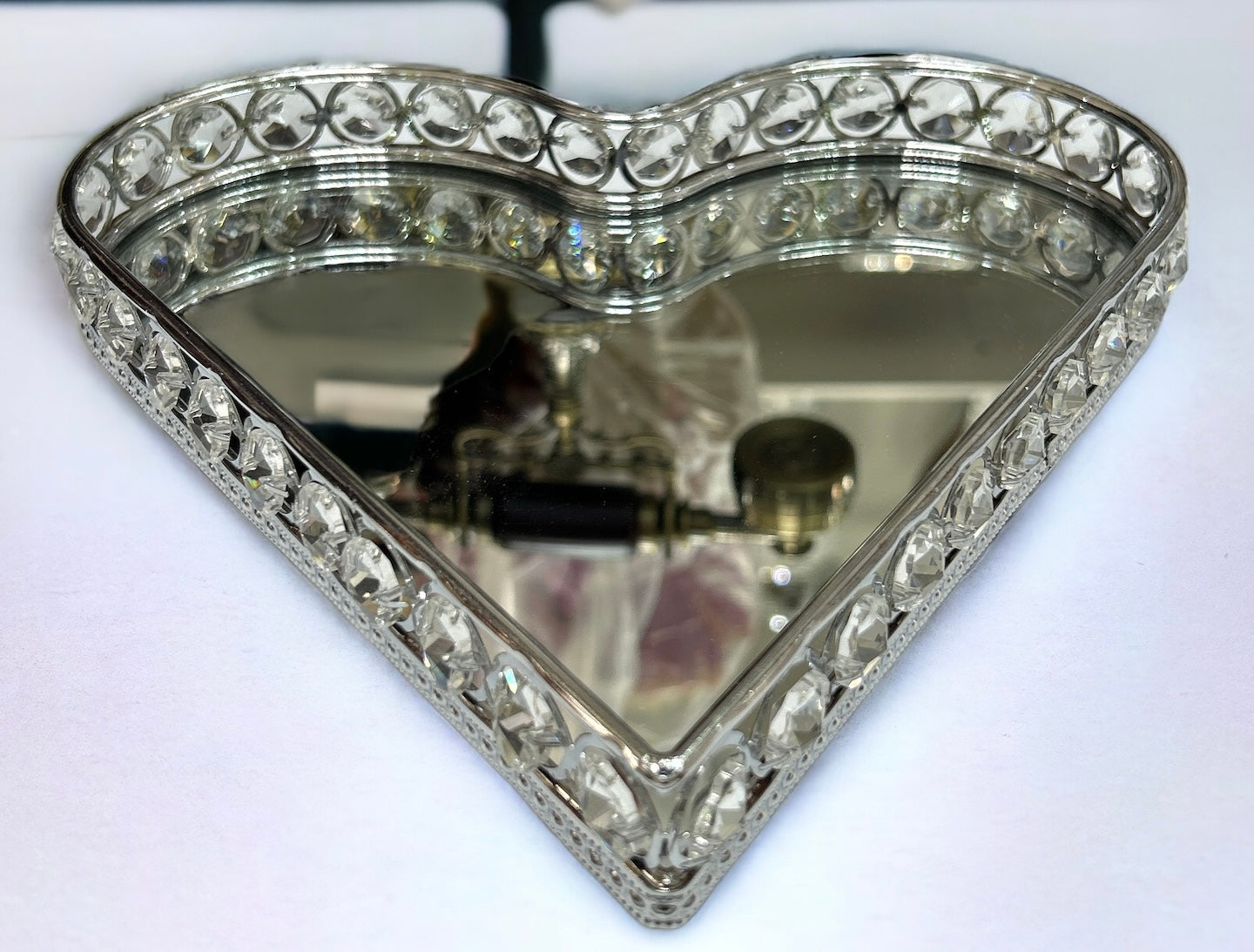 Gorgeous Mirrored Metal Heart Crystal Tray in Gold and Silver