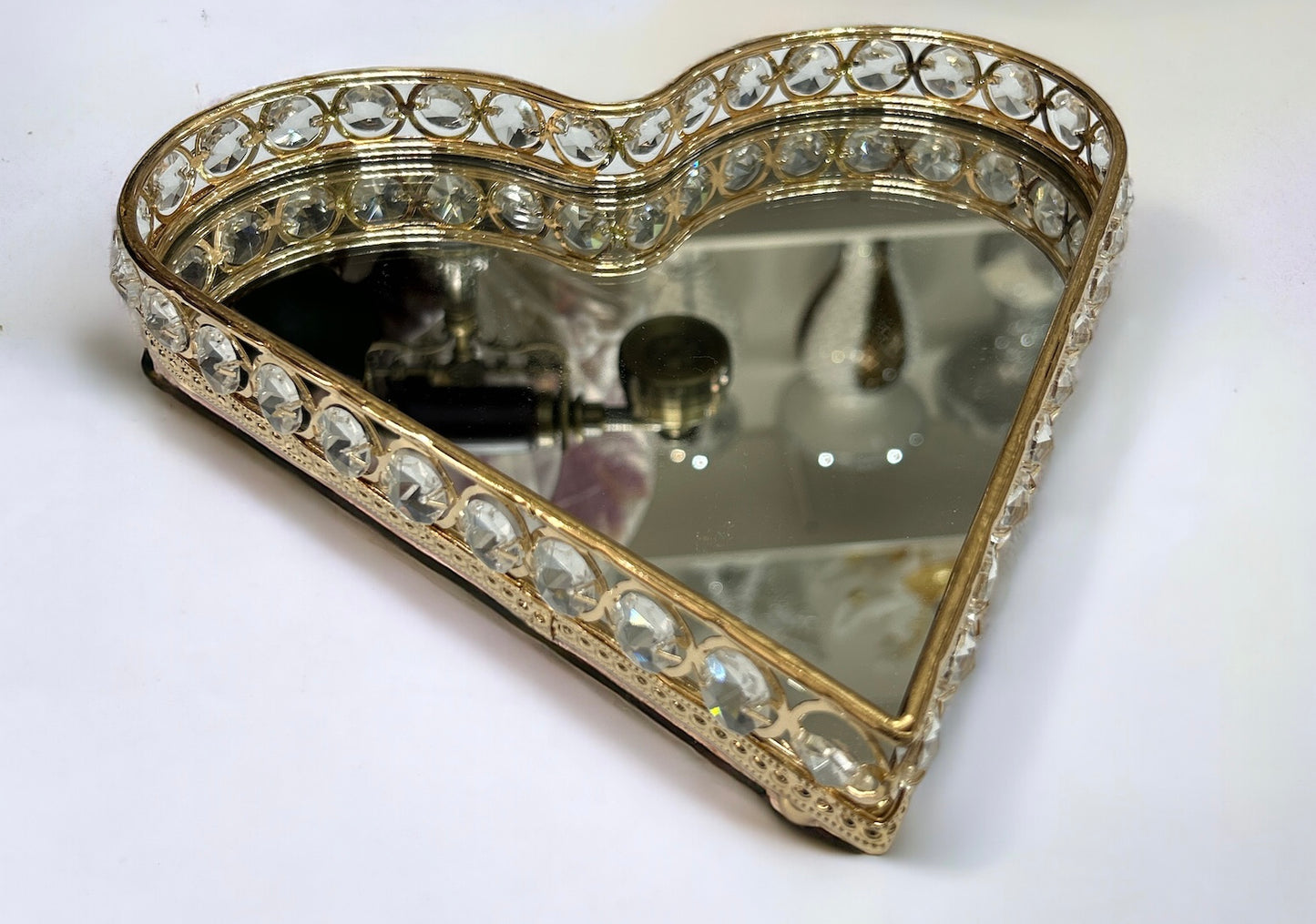 Gorgeous Mirrored Metal Heart Crystal Tray in Gold and Silver